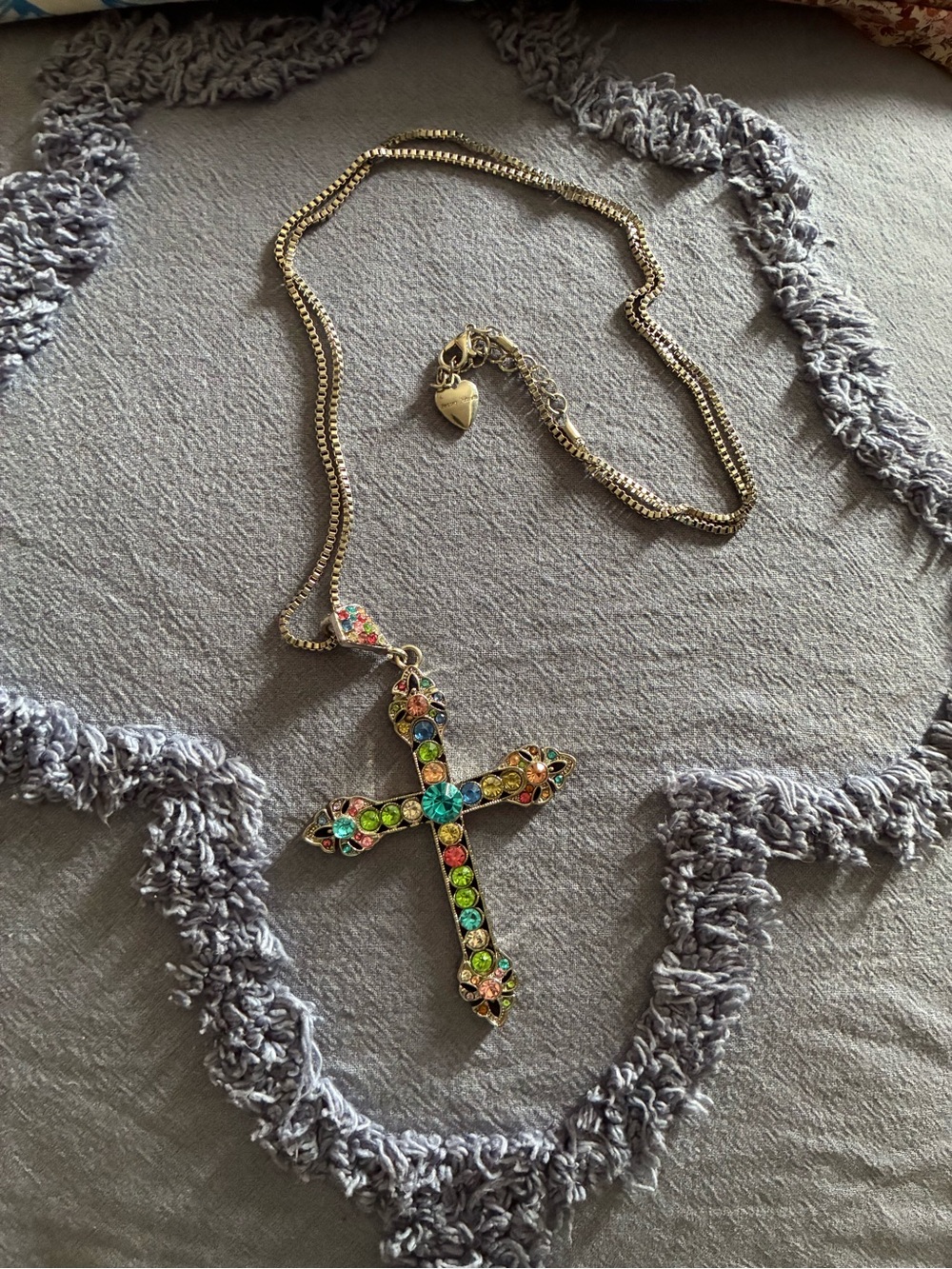 Betsey Johnson Gold-Tone Cross Necklace with Multicolor Rhinestones